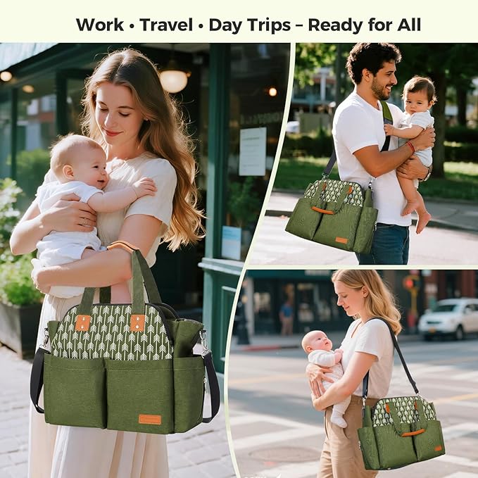 Lekebaby Diaper Bag Tote for Baby - 17 Pockets Large Travel Diaper Tote with Portable Changing Pad, Mom Crossbody Hospital Bag for Labor Delivery, Waterproof, Baby Essentials for Newborn Gifts, Green