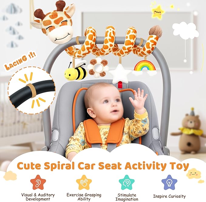 Stuffed Spiral Car Seat Baby Toys 0-6 Months, Infant Giraffe Sensory Toys Hanging Stroller Accessories, Newborn Shower Gifts for Baby Boys Girls Essentials | Cute Colorful Giraffe