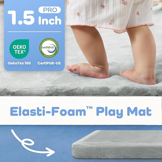 1.5" Thick Baby Play Mat for Floor Tummy Time, 59"x 79" Pro Soft Baby Activity Playmats Playroom, Easy Care with Non-Slip Safe for Infant Toddler Kids Crawling(Light Grey)