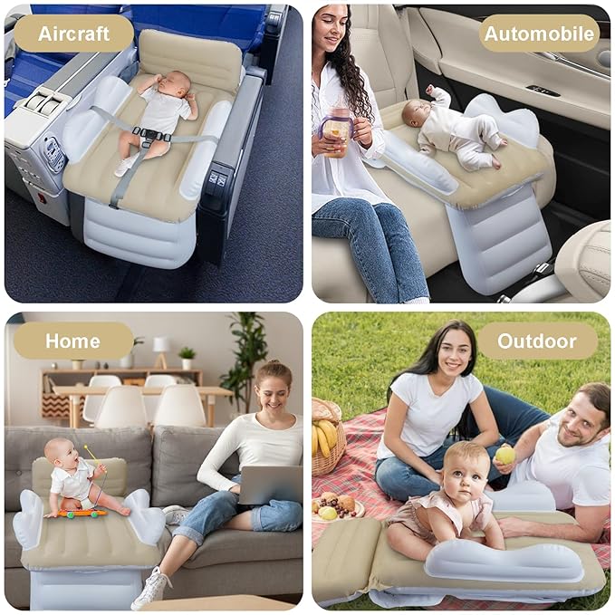 Sunlisky Inflatable-Toddler-Travel-Bed for Airplane Car Seat Portable Foldable Infant Travel Bed Baby Travel Crib with Sides,Hand Pump Safety Belt and Carry Bag Sets (Beige)