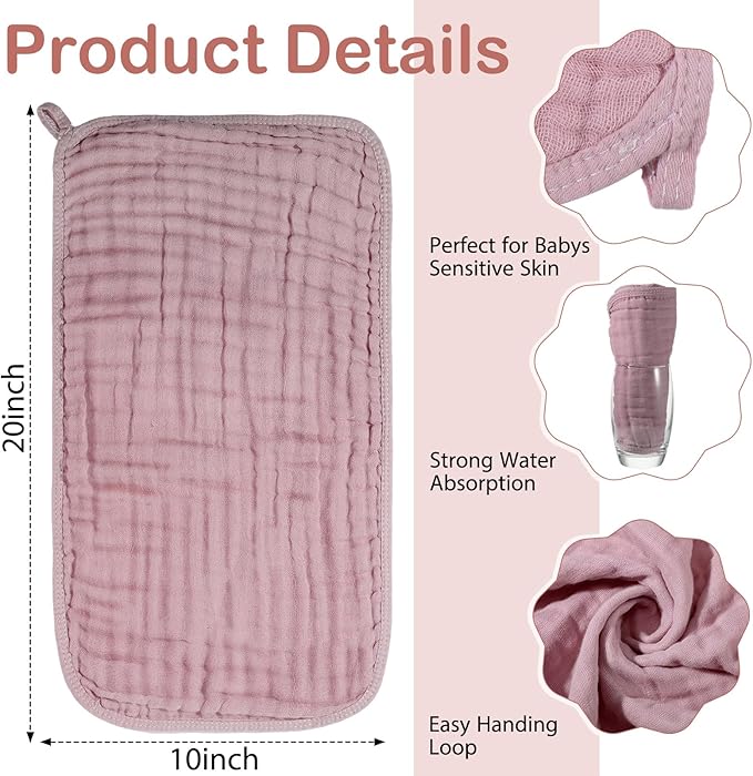 VitalCozy 6 Pcs Baby Muslin Hooded Bath Towels and Washcloths Muslin Cotton Hooded Baby Towels Absorbent Blankets for Gift Newborn Infant Shower (32 x 32 Inch,Pink,Rose)