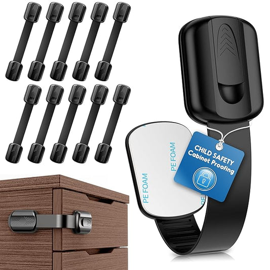 10 Pack Cabinet Locks Baby Proofing, SOGUDE Child Proof Cabinet Locks with 3M Adhesive Child Safety Locks for Refrigerator, Doors, Drawer Locks No Drilling, Cabinet Locks for Babies- Black