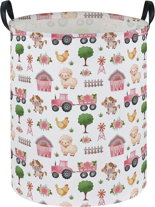 Essme Kids Laundry Basket,Farm Hamper Collapsible Canvas Waterproof Storage Bin for Girls, Pink Hamper,Gift Baskets(Pink Farm)