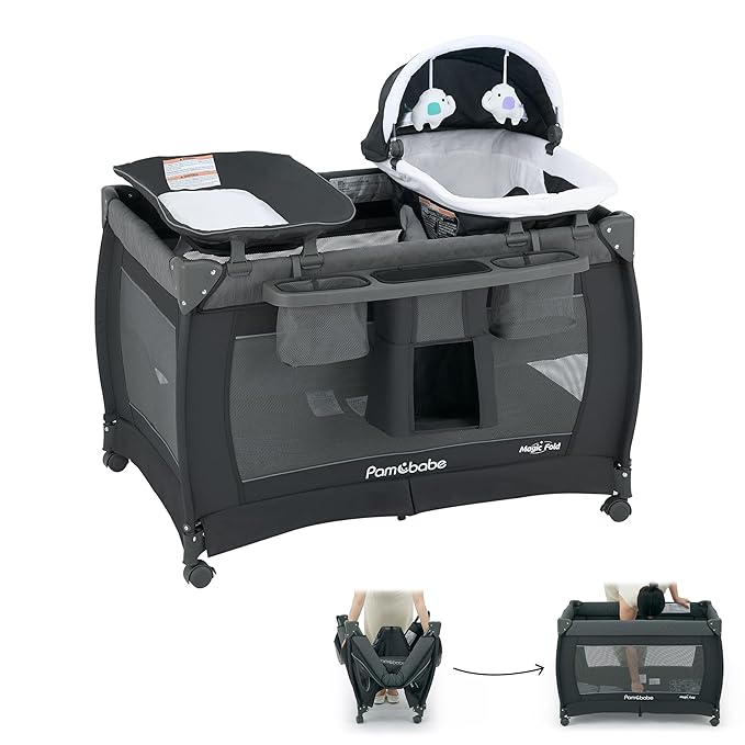 Pamo Babe One Step Setup 4-in-1 Playard for Babies Pack and Play - Portable Crib with Changing Table