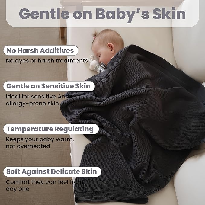 Little Dedi 100% Organic Cotton GOTS Certified Baby Knitted Blanket with Gift Box - Soft Toddler, Crib, Stroller Blanket - Neutral Swaddle and Receiving Blanket for Newborns, 30"x40", Dark Grey