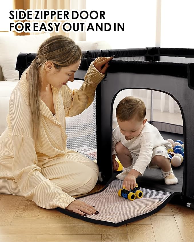 [Upgraded] dearlomum Baby Playpen, 71"x59" Extra Large Playard with Thickened Steel Pipes, Baby Activity Center with Gate & Toys, Sturdy Soft Mesh Safety Fence for Toddlers (Black)