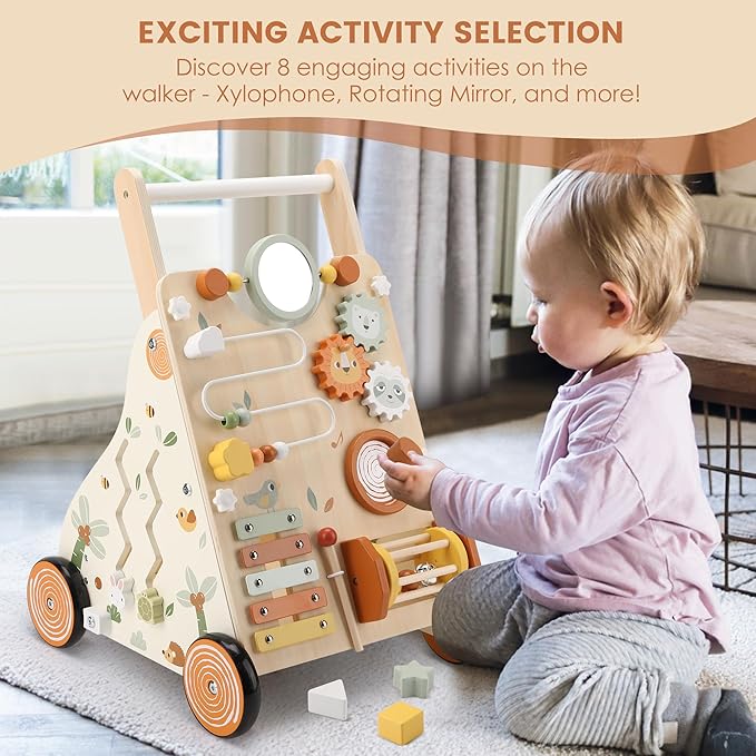 Wooden Baby Walker, Baby Push Walker with Activity Center for Girls Boys, Montessori Push Walker Toys for Babies Learning to Walk, Sit-to-Stand, for 10-12 Months 1 2 3 Years Old