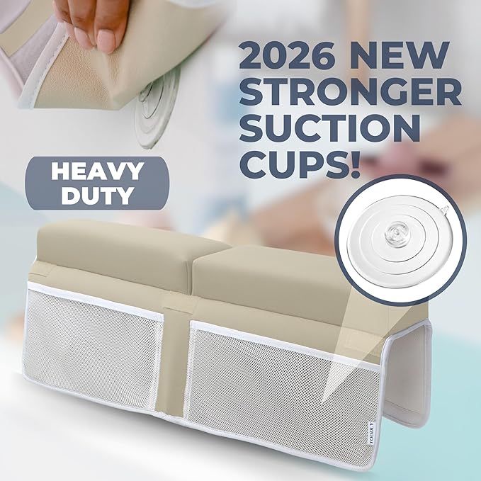 Comfortable Baby Bath Kneeler and Elbow Rest Pad Set – Thick Memory Foam Bath Kneeling Pad with Elbow Support – Baby Bathtub Cushion with Toy Organizer for Bathing Infant or Toddler - Beige