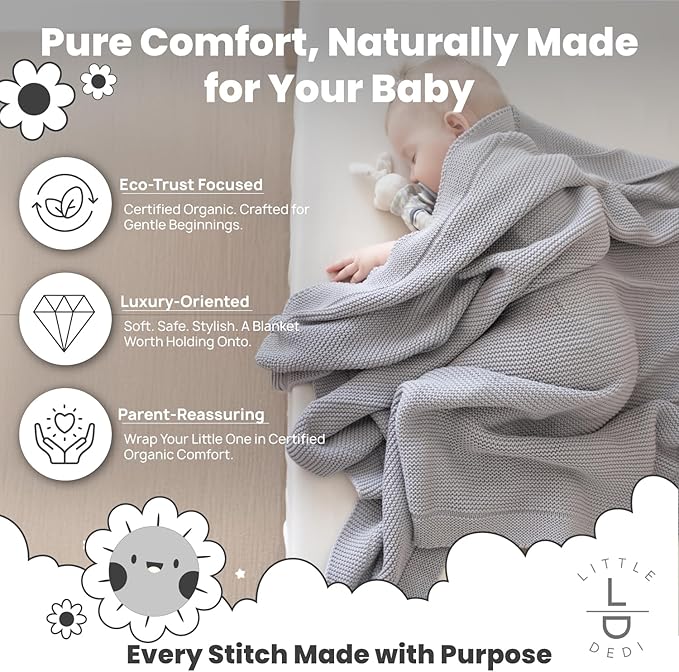 Little Dedi 100% Organic Cotton Baby Knitted Blanket with Gift Box - Soft Toddler, Crib, Stroller Blanket - Neutral Swaddle and Receiving Blanket for Newborns, 30"x40", Harbor Mist