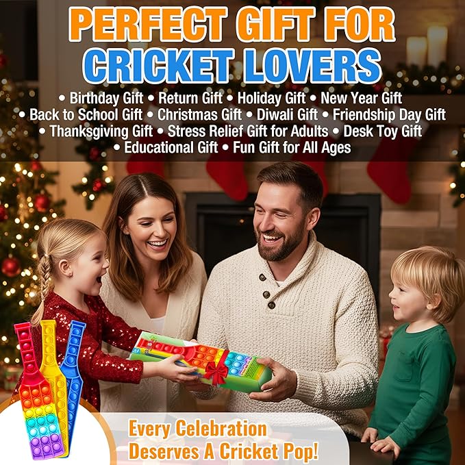 Cricket BAT Push Pop Bubble Fidget Toy – Build Focus | Stress Relief Sensory Toy | 0+ Baby Safe Silicone Fidget Bat with Cricket Ball Seam Texture | Pack of 1 Rainbow / Pack of 3 Colors