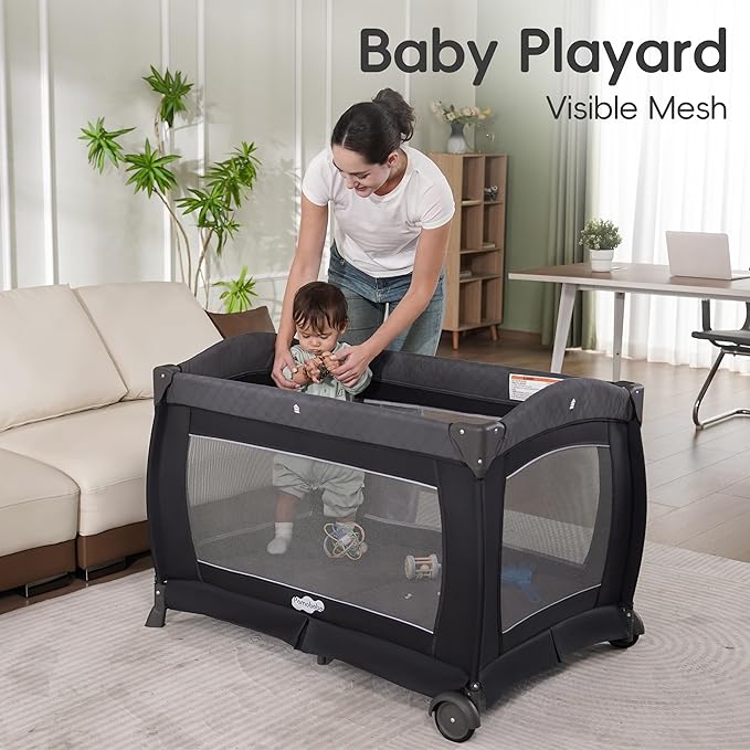 Pamo Babe Playard Portable Playard Foldable Playpen for Baby and Toddler Portable Crib Mattress Diaper Changer for Newborn (Grey)