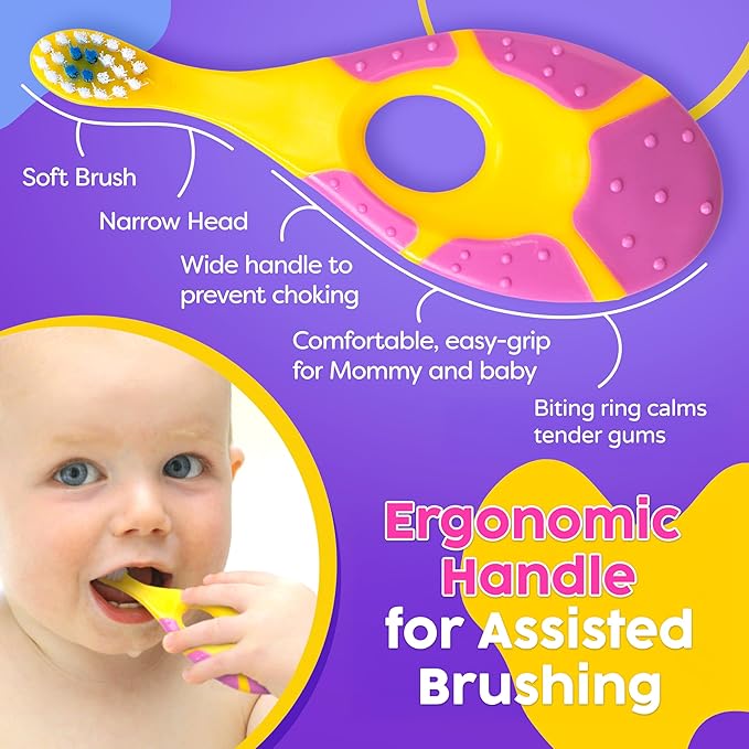 Trueocity Infant Toothbrush Set for Oral Care (12 Months+) – Soft Bristles, Small Brush Head, Easy-Grip Handle – 4-Pack (Pink & Purple)