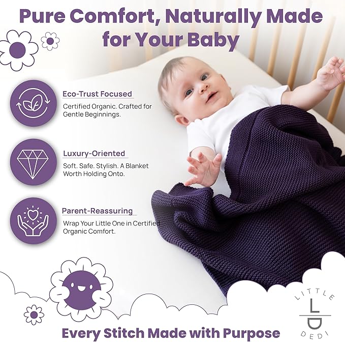 Little Dedi 100% Organic Cotton Baby Knitted Blanket with Gift Box - Soft Toddler, Crib, Stroller Blanket - Neutral Swaddle and Receiving Blanket for Newborns, 30"x40", Sweet Grape