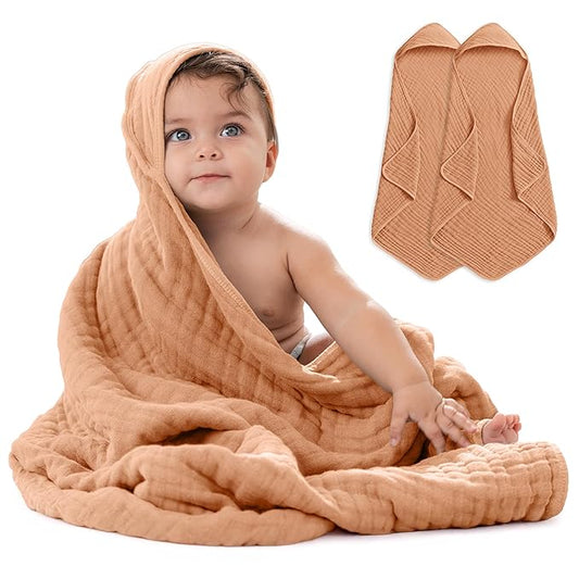 Comfy Cubs Hooded Baby Towel 2-Pack, Large 32 x 32 Inch - 6 Layer 100% Muslin Cotton for Babies, Toddlers and Kids - Soft & Absorbent Baby Bath Towels - Unisex Design for Bath Time - Caramel