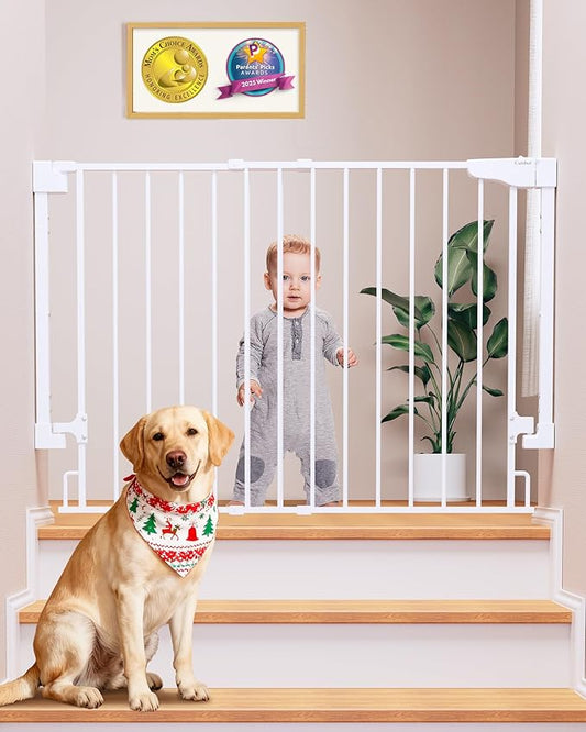 Cumbor 29.2–43" Baby Gate for Stairs, Wall-Mounted (Drill Required), Expandable No Bottom Bar Dog Gate, Auto Close Extra Wide Walk Thru, Pet & Toddler Proof Gate, Top & Bottom of Stairways (White)