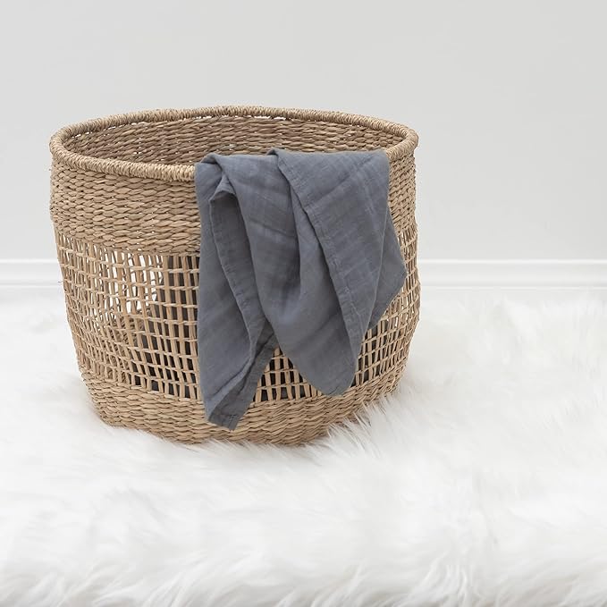 Organic Baby Muslin Swaddle Blankets - Solid Grey and Blue Swaddle Blanket 2 Pack - Soft Organic Cotton and Natural Bamboo Muslin, XLarge and Breathable, 47" X 47"