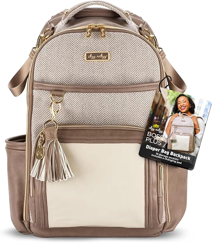 Itzy Ritzy Diaper Bag Backpack – Large Capacity Boss Plus Baby Backpack Diaper Bag Featuring 19 Pockets, Changing Pad, Stroller Clips, and Comfortable Straps (Vanilla Latte)