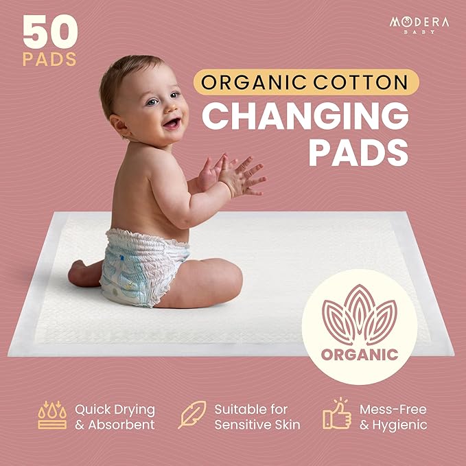 Organic Cotton Disposable Changing Pad Liners | XL-Large (30x18) Hypoallergenic Super Soft Ultra Absorbent & Waterproof Quilted Underpads for Baby Diaper Table & Travel, Leak Proof, Mess Free, 50-Pack