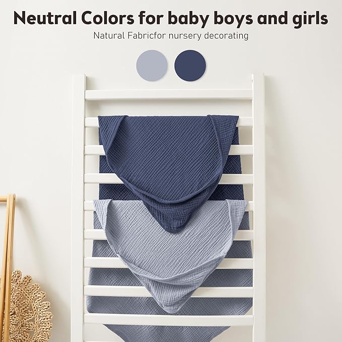Susurration Hooded Baby Towels for Newborn 2 Pack 100% Muslin Cotton Towel for Babies，Highly Absorbent and Newborn Essential 30x30 Inch Gray&Blue