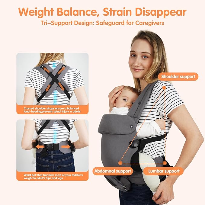 Baby Carrier, Baby Carrier Newborn to Toddler, Ergonomic, Cozy and Lightweight Infant Carrier for 7-44lbs, Toddler Carrier Ideal for Hands-Free Parenting with Zipper Pouch, Bottle Bag, Windproof Cover