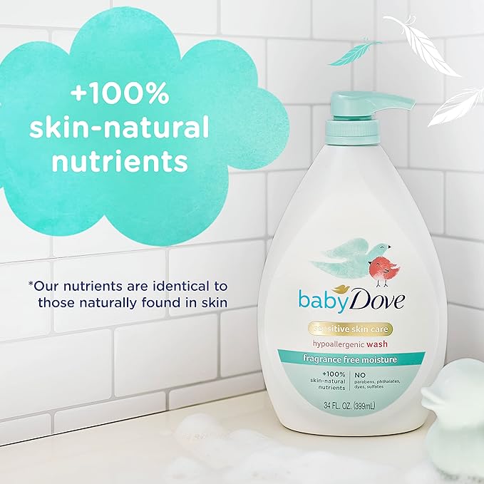 Baby Dove Sensitive Skin Care Baby Wash Fragrance Free Moisture For Baby Bath Time Fragrance Free and Hypoallergenic, Washes Away Bacteria 34 oz (Pack of 1)