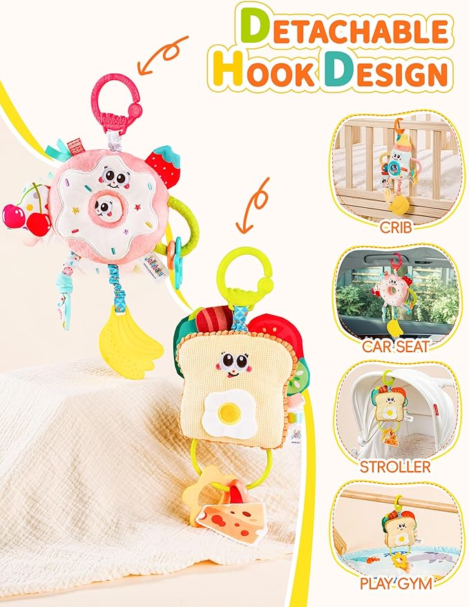 Jollybaby Baby Pull Vibration Toy - Tummy Time Sensory Hanging Toys for Car Seat, Stroller, Crib & Play Gym, with Babies Rattles & Teether, Airplane Travel Toys for Toddlers Gift- Toast
