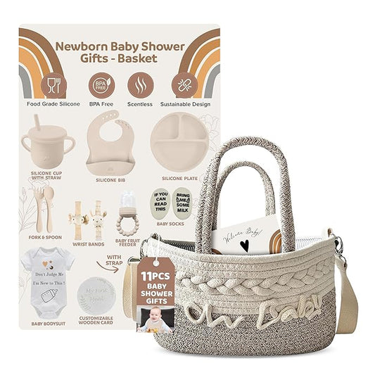 Kiddibodi Baby Gift Set | 11 Piece Gender Neutral Newborn Gift Basket for Boys & Girls – Baby Essentials with Plate, Bib, Spoon, Cup, Feeder, Outfit, Rattles & Storage Bag