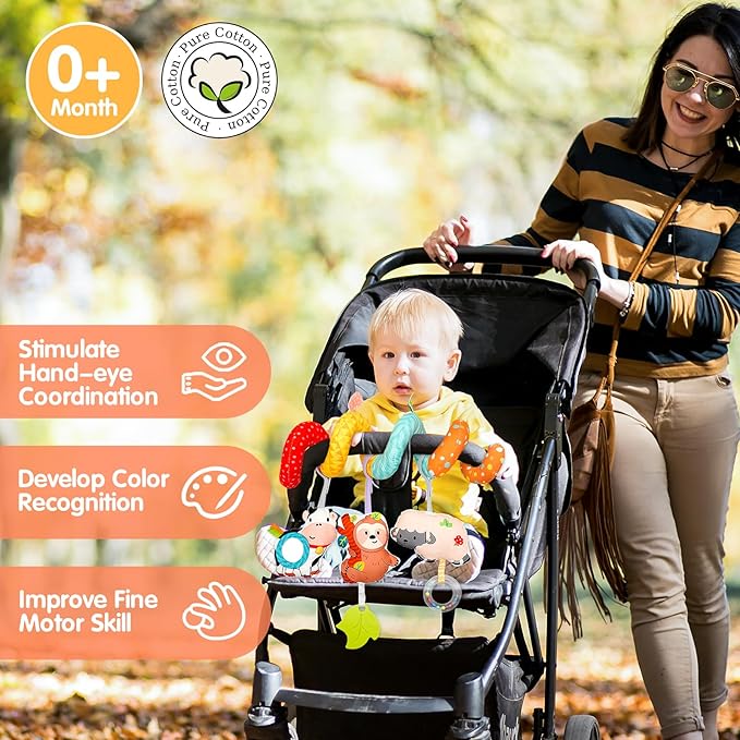 XIXILAND Car Seat Toys for Babies 0-6 Months Boy Girl Carseat Toys Hanging Spiral Stroller Toys, Infant Toys Baby Toys 0-6 Months Newborn Toys 0 3 Months Brain Development with Mirror Teether Rattle