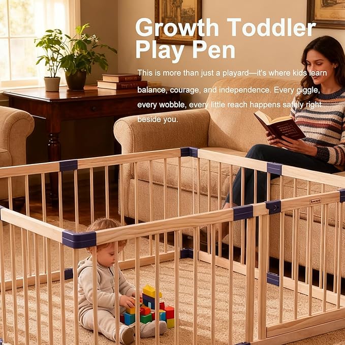 Wooden Baby Playpen for Toddlers,Babies Playars, Wood Fence Play Area with Safety Gate, Indoor Safety Play Yard,Large Play Pen with Locking Gate Activity Center (55x79x24 Inches)