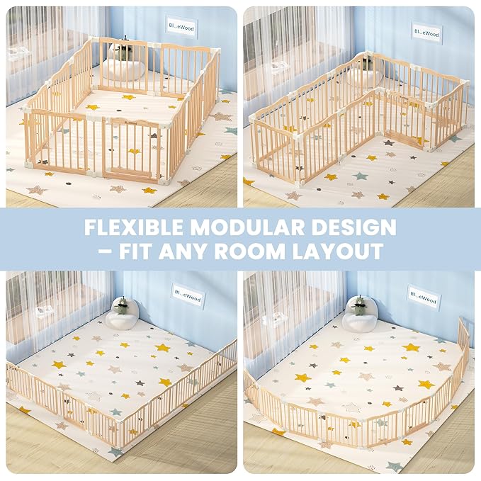 Foldable Wooden Playpen - Adjustable Wood Baby Play Yard with Door, Indoor Large Safety Fence for Babies and Toddlers - Easy Assembly, 10 Panels, Nature Nest