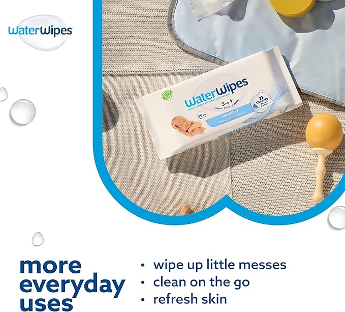 WaterWipes Sensitive+ Newborn & Baby Wipes, 3-In-1 Cleans, Cares, Protects, 99.9% Water, Unscented & Hypoallergenic, 1080 Count (18 Packs)