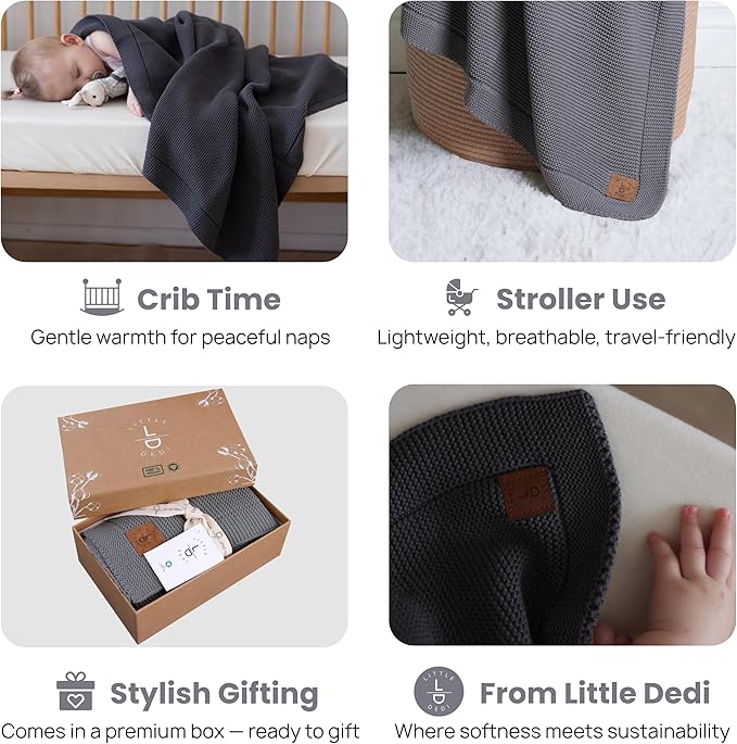 Little Dedi 100% Organic Cotton GOTS Certified Baby Knitted Blanket with Gift Box - Soft Toddler, Crib, Stroller Blanket - Neutral Swaddle and Receiving Blanket for Newborns, 30"x40", Dark Grey