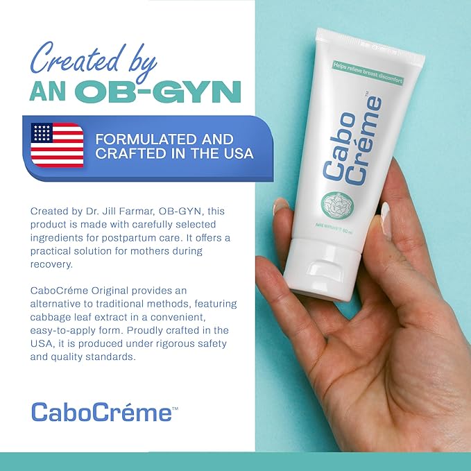 CaboCréme Cabbage Breast Cream for Tenderness & Engorgement Relief, Breastfeeding Weaning Support - Dry Up Breast Milk - Postpartum Essential - OB-GYN Created & Breastfeeding Mother-Approved - 2 oz