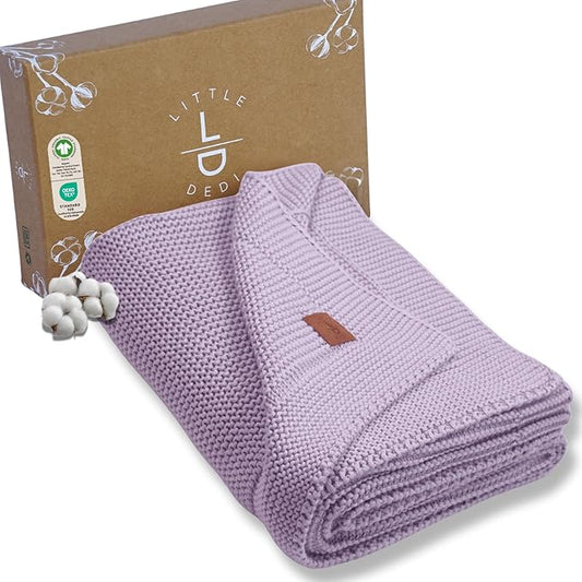 Little Dedi 100% Organic Cotton GOTS Certified Baby Knitted Blanket with Gift Box - Soft Toddler, Crib, Stroller Blanket - Neutral Swaddle and Receiving Blanket for Newborns, 30"x40", Lavender Frost
