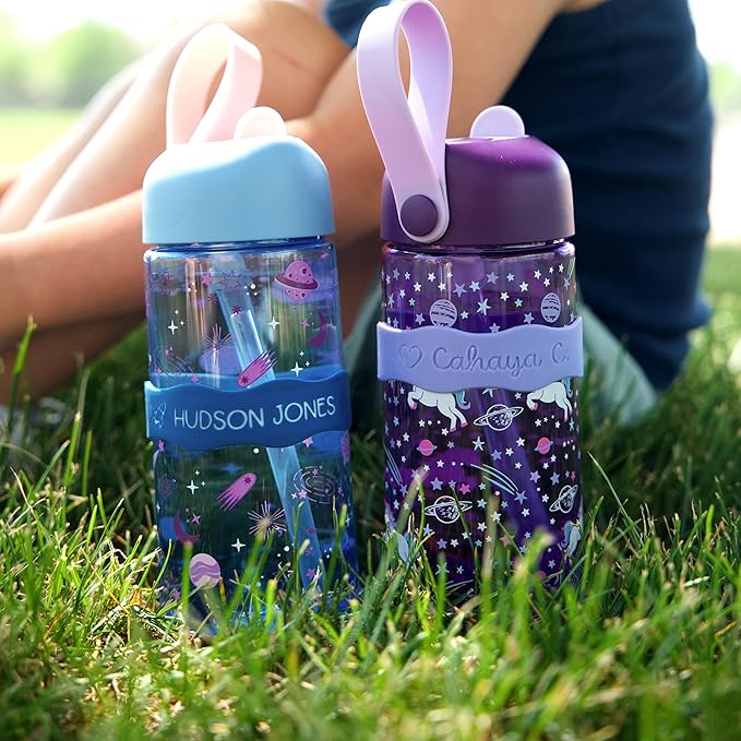 InchBug Orbit Labels Baby Bottle and Water Bottle Silicone Name Bands – Personalized Reusable Label Set for Daycare, Sippy Cups, Preschool, Elementary School, Dishwasher Safe, 4-Pack (Grape Juice)