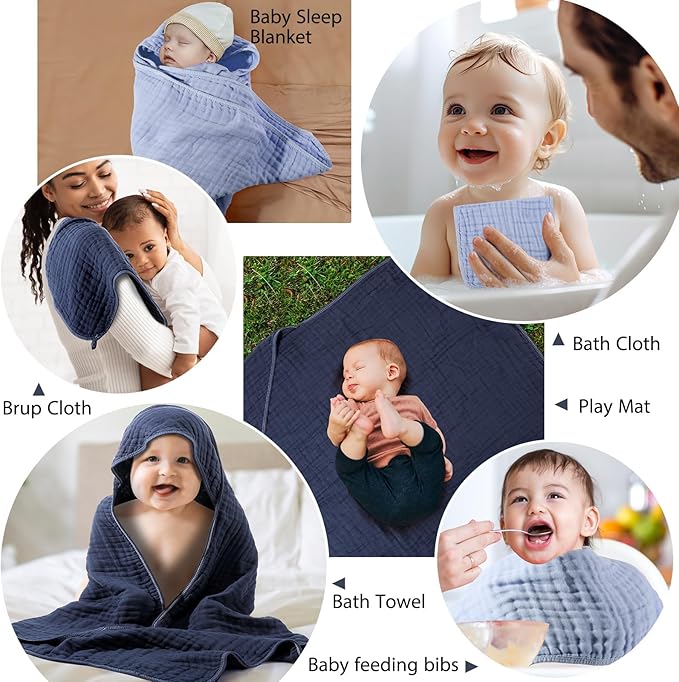 VitalCozy 6 Pcs Baby Muslin Hooded Bath Towels and Washcloths Muslin Cotton Hooded Baby Towels Absorbent Blankets for Gift Newborn Infant Shower (32 x 32 Inch,Dark Blue,Light Blue)