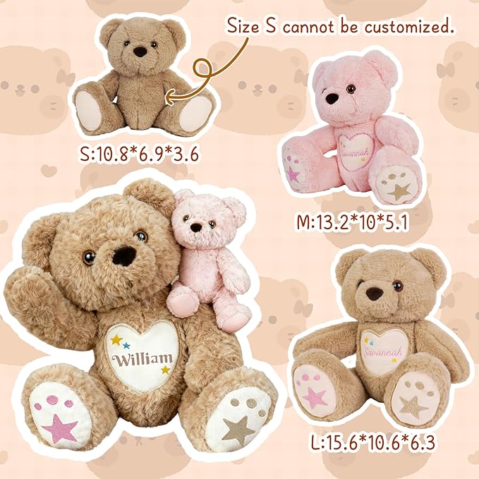 Custom Teddy Bear Stuffed Animal with Embroidered Name, Personalized Stuffed Animals for Babies, Bear Plush Toys for 3 Years Old Girl Gifts, Birthday Christmas for Baby Boys Girls Newborn(Bear)