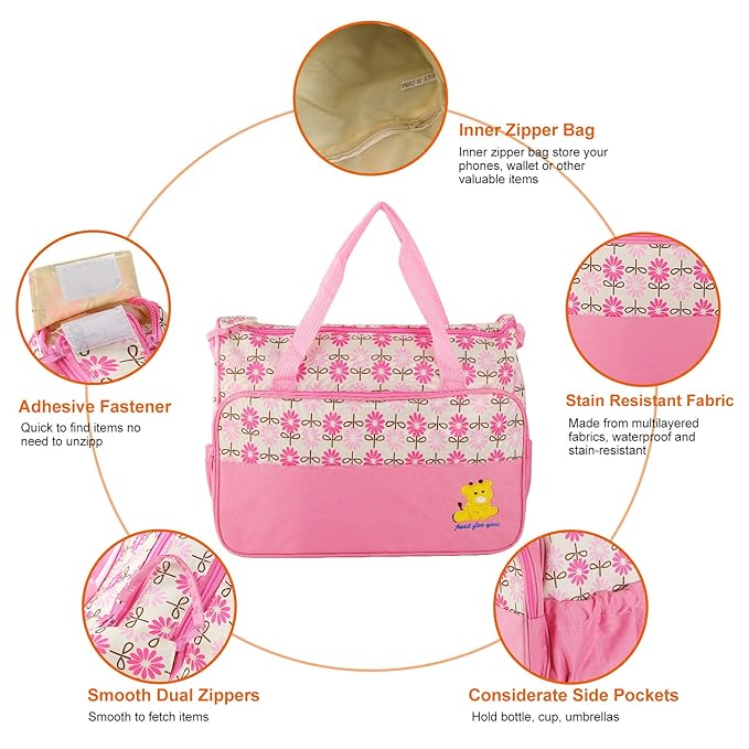 Moclever 5PCS Diaper Bag Tote Set for Baby Essentials – Large Baby Bags for Mom, Waterproof Maternity Bags with Bottle Bag, Food Bag & Changing Pad (Pink)