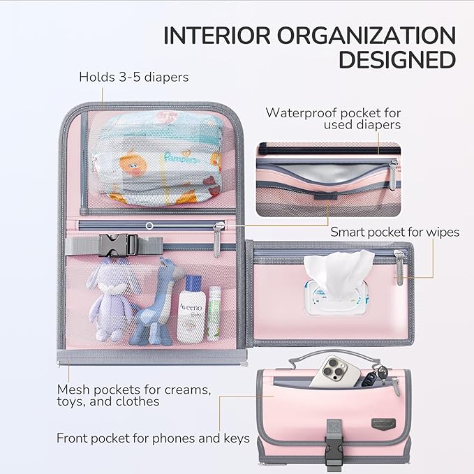 Portable Diaper Changing Pad for Baby, Detachable Travel Changing Pad with Baby Wipes Pocket, Gifts for Baby Shower, Newborn Girls and Boys (Light Pink)