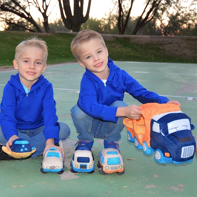 Muiteiur Big Car Stuffed Plush Toy, Soft Truck Toy Set with 4 Stuffed Baby Vehicles Toys Include Taxi Bus Airplane Tanker, Cute Cartoon Plush Gift for Kids Babies (15.7inch)