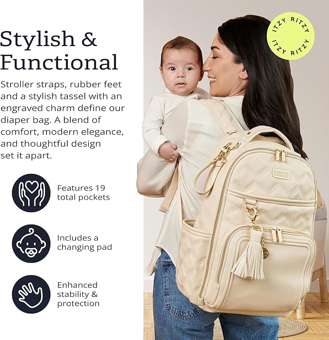 Itzy Ritzy Diaper Bag Backpack – Large Capacity Boss Plus Baby Backpack Diaper Bag Featuring 19 Pockets, Changing Pad, Stroller Clips, and Comfortable Straps (Milk & Honey)