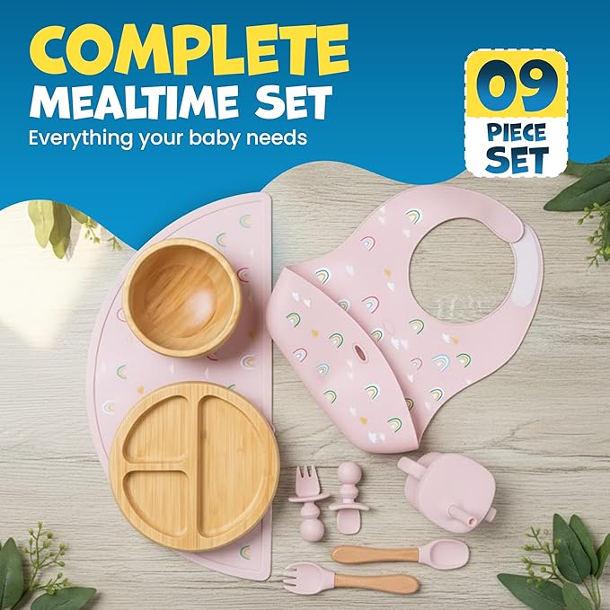 Bamboo & Silicone Baby Feeding Set 8 PCS | Baby Led Weaning Supplies Self Feeding | Divided Suction Plate Bowl Bib Sippy Cup with Straw Utensils Baby Bowls and Spoons Toddler Feeding Set (Pink)