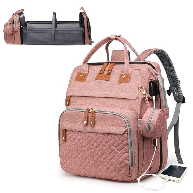 Baby Diaper Bags with Changing Station, Waterproof Diaper Bag Backpack for Moms Dads with USB Charging Port, Baby Shower Gifts, Large Capacity diaper backpack, Pink