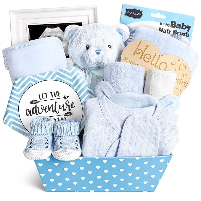iAOVUEBY Baby Boy Gifts, Baby Shower Gifts - Newborn Bear Toys Rattle Blanket Infant Shoes Onesie Wooden Keepsake Babies Registry Gift Essentials Basket, Unique New Baby Gift Set for Boys 0+ Months