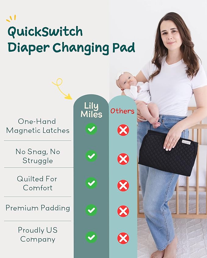 Lily Miles Baby Changing Pad Portable, Diaper Changing Mat with Magnetic Latches, Waterproof Travel Pad for Diaper Bag, Newborn Essentials, Gift for Baby Shower and Registry (Black Twill, Large)