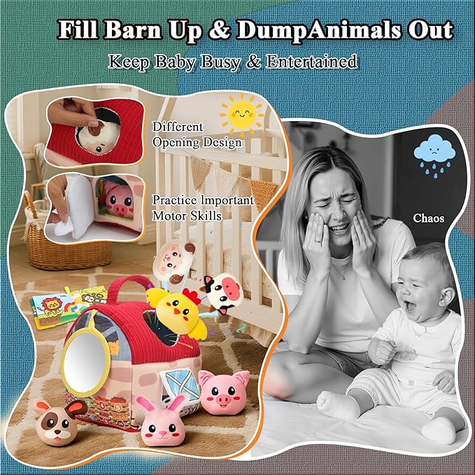 Baby Toys 6-12 Months, Surprise Barn Stuffed Farm Animals with Cloth Books, Rattle, Crinkle, Montessori Sensory Toys for 1-3 Old Infants, Plush Gifts for Boys Girls Valentines Day Birthday Easter