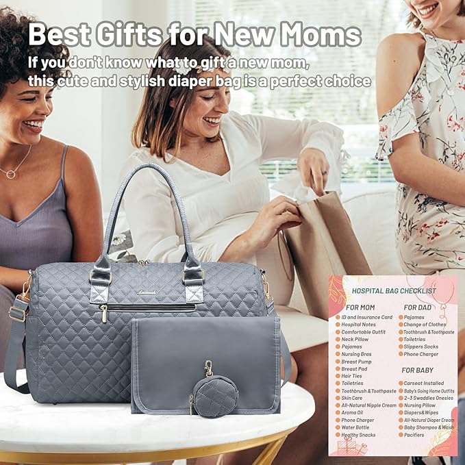 LOVEVOOK Diaper Bag Tote with Pacifier Case and Changing Pad, Large Capacity Mommy Bag for Hospital and Weekender Travel, Functional Baby Bag Newborn Baby Essential, Grey
