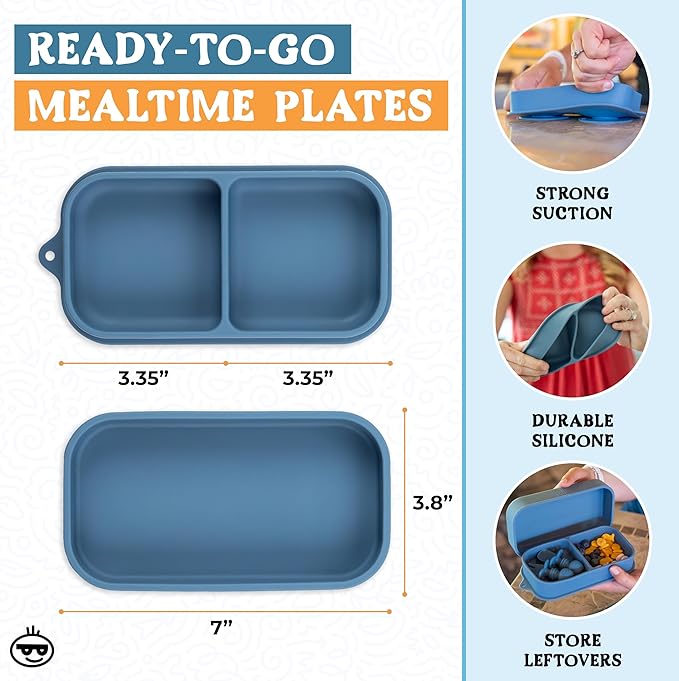 Travel Silicone Baby Feeding Essentials – Portable Toddler Plates with Suction, Soft Baby Spoon & Fork, Lightweight Foldable Silicone Bib & Waterproof Storage Bag – 6 Piece Set (dark blue)