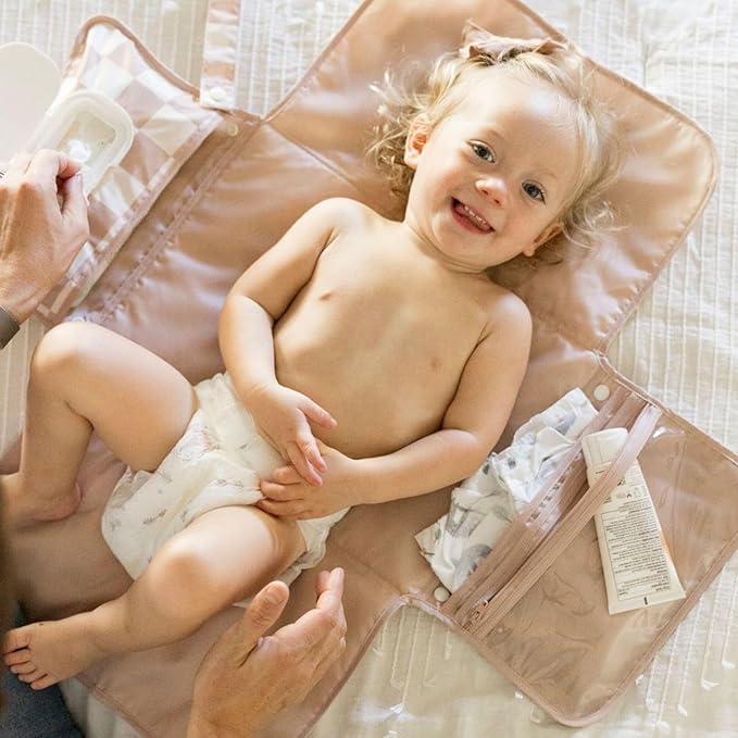 Tiny Twinkle Portable Diaper Changing Pad | Waterproof, Wipeable & Compact Baby Changing Pad for Travel | Smart Wipes Pocket & Organized Storage| Newborn Shower Gift (Beige Checkers)