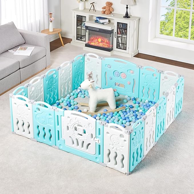Albott Baby Playpen, 18 Panels Foldable Baby Fence with Game Panel and Safety Gate, Adjustable Shape, Portable Play Yards for Children Toddlers Indoors or Outdoors (White+Blue, 18 Panel)